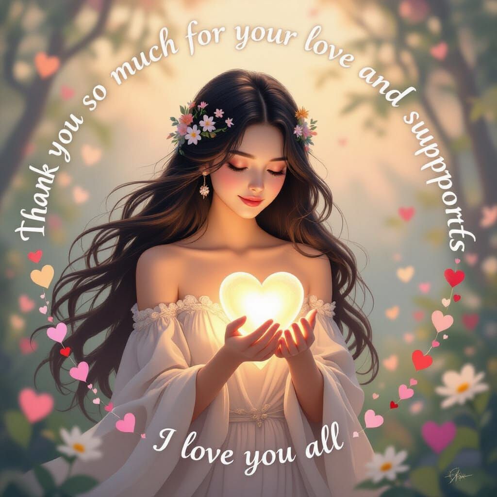 Woman Holding Glowing Heart Surrounded by Hearts