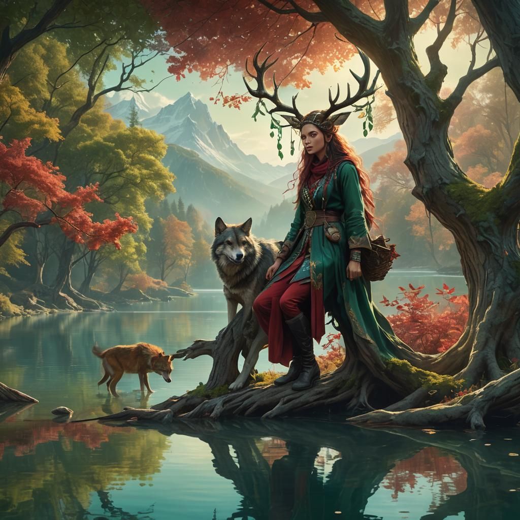 Girl with Wolf Antlers in Fantasy Landscape