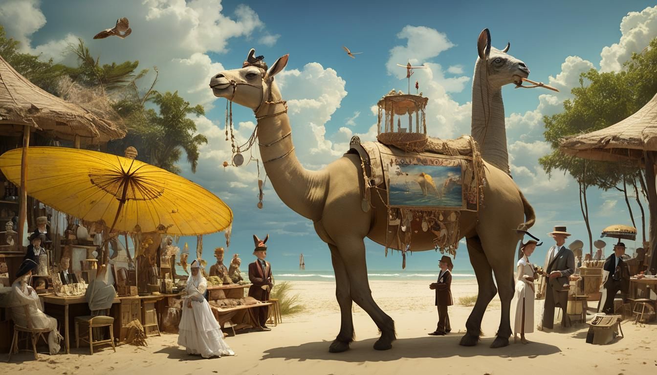 Surreal Beach Scene with Cryptid Taxidermists