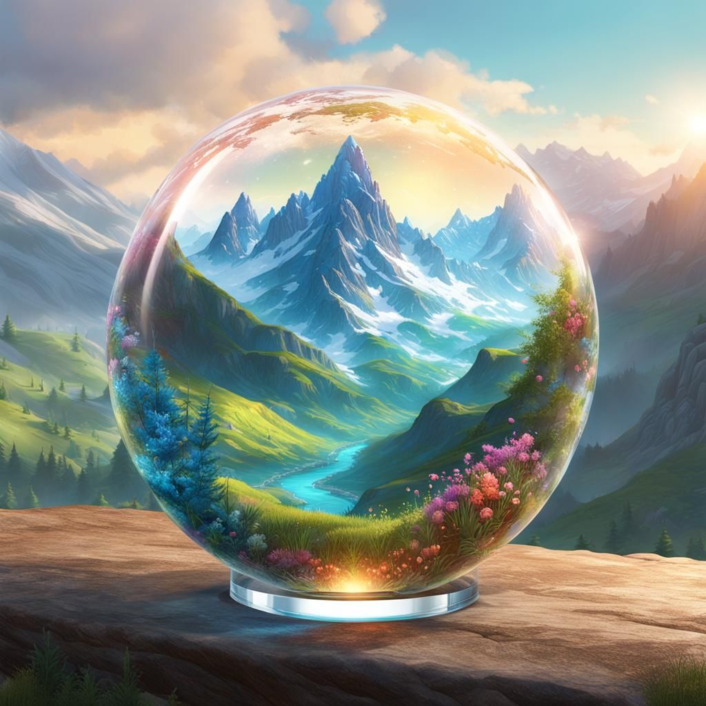 Marmot in Glass Sphere with Mountain Meadow: Detailed Art