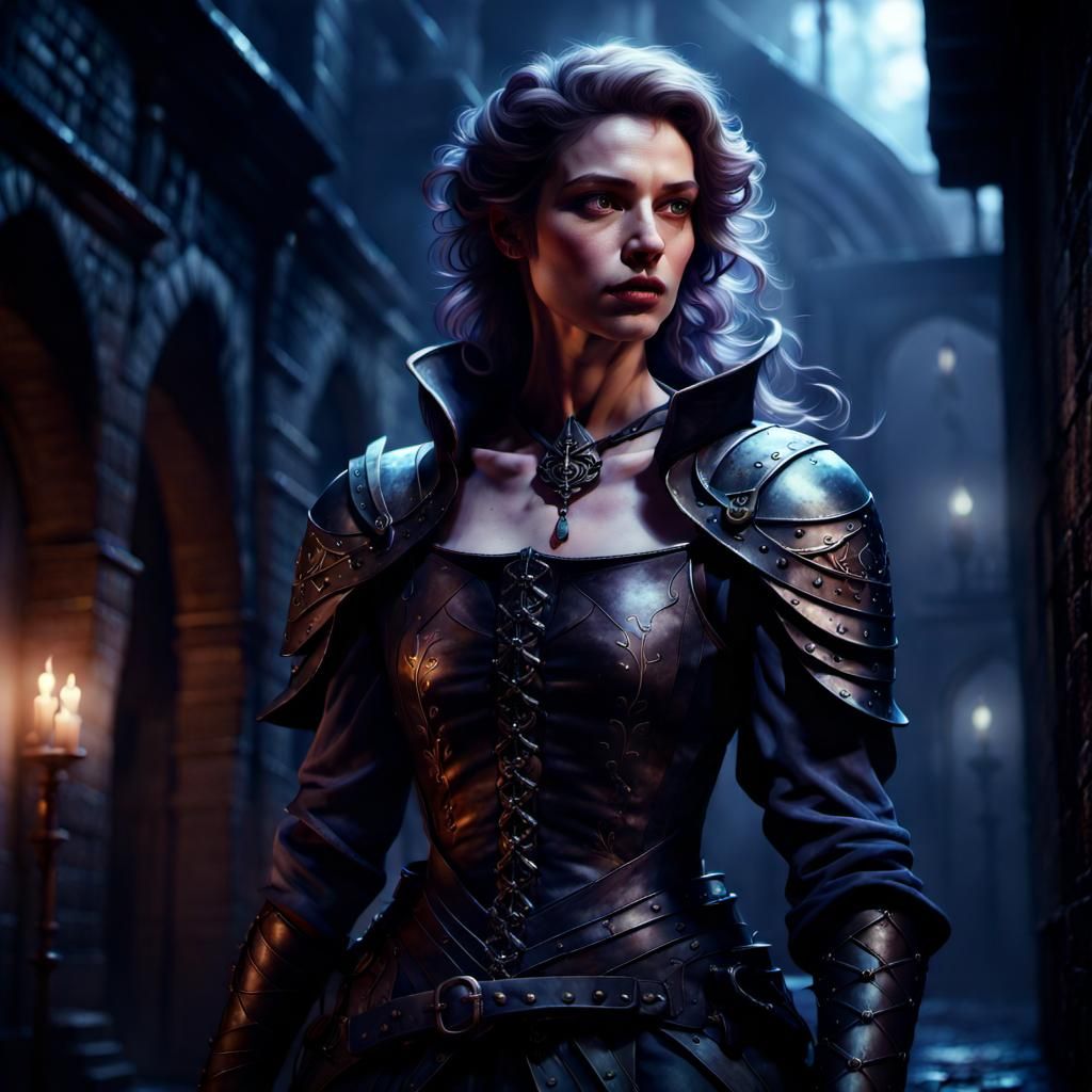 a Half-Elf rogue named Seraphina Nightshade, we can imagine a high-fantasy portrait illustration of her. Seraphina stand...