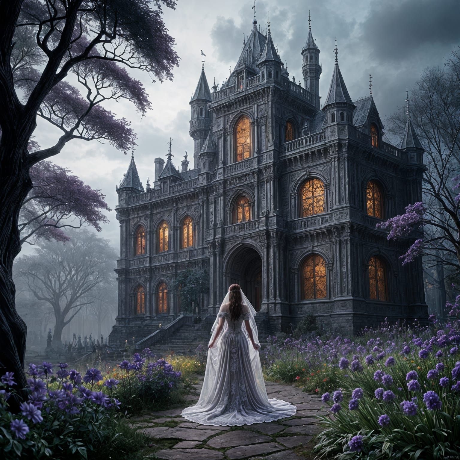 Macabre Wedding Queen in Haunting Castle Scene