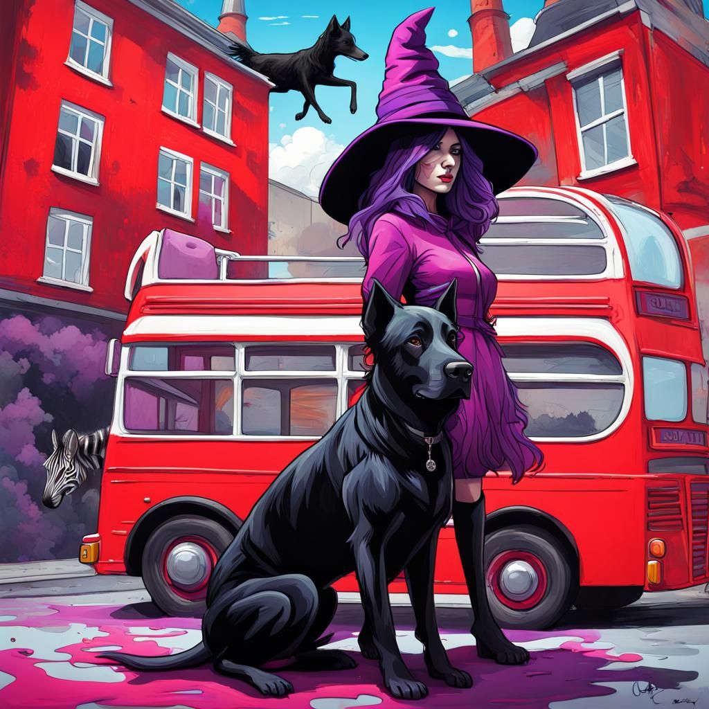 Whimsical Graffiti Art: Witch, Zebra, and Bus