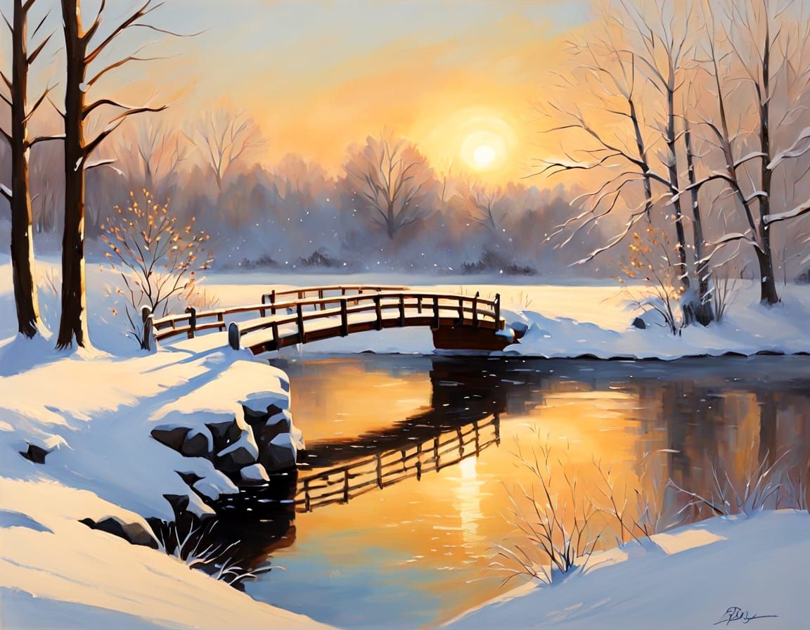 Impressionist Winter Scene: Snow-Dusted Bridge Over Frozen L...