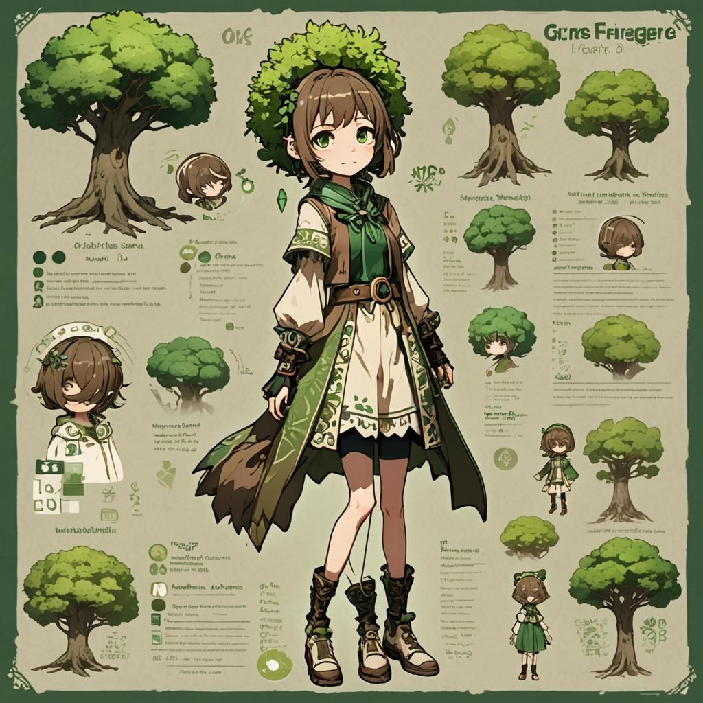 Anime Girl Character Sheet with Tree Spirit