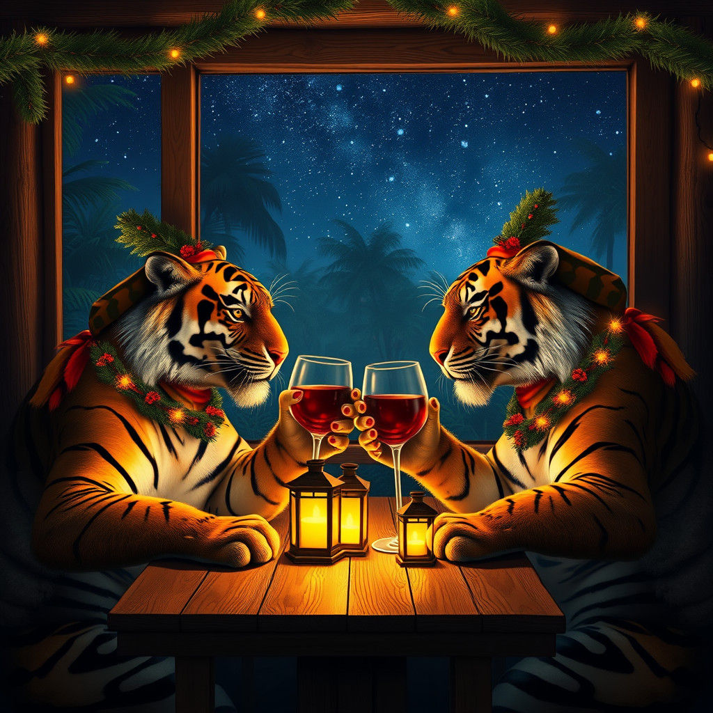 Tigers Toasting Christmas in Jungle Cabin, Matte Painting