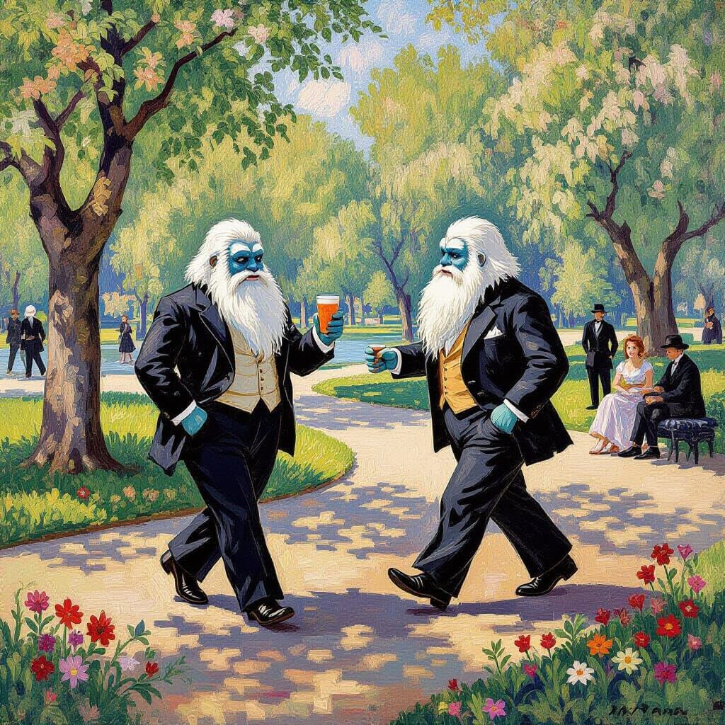 Yetis Enjoying Park Life in Pointillism Style