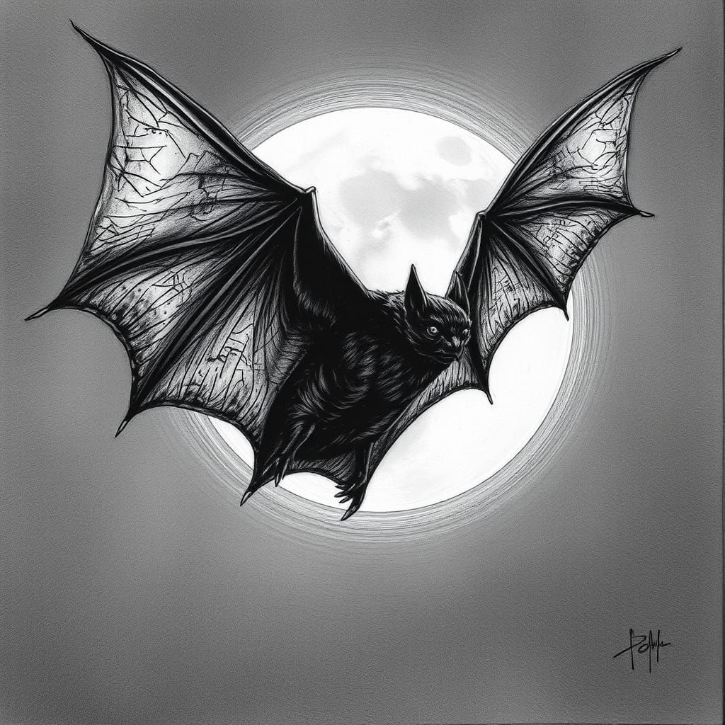Hyperdetailed Charcoal Bat Soaring Under Full Moon