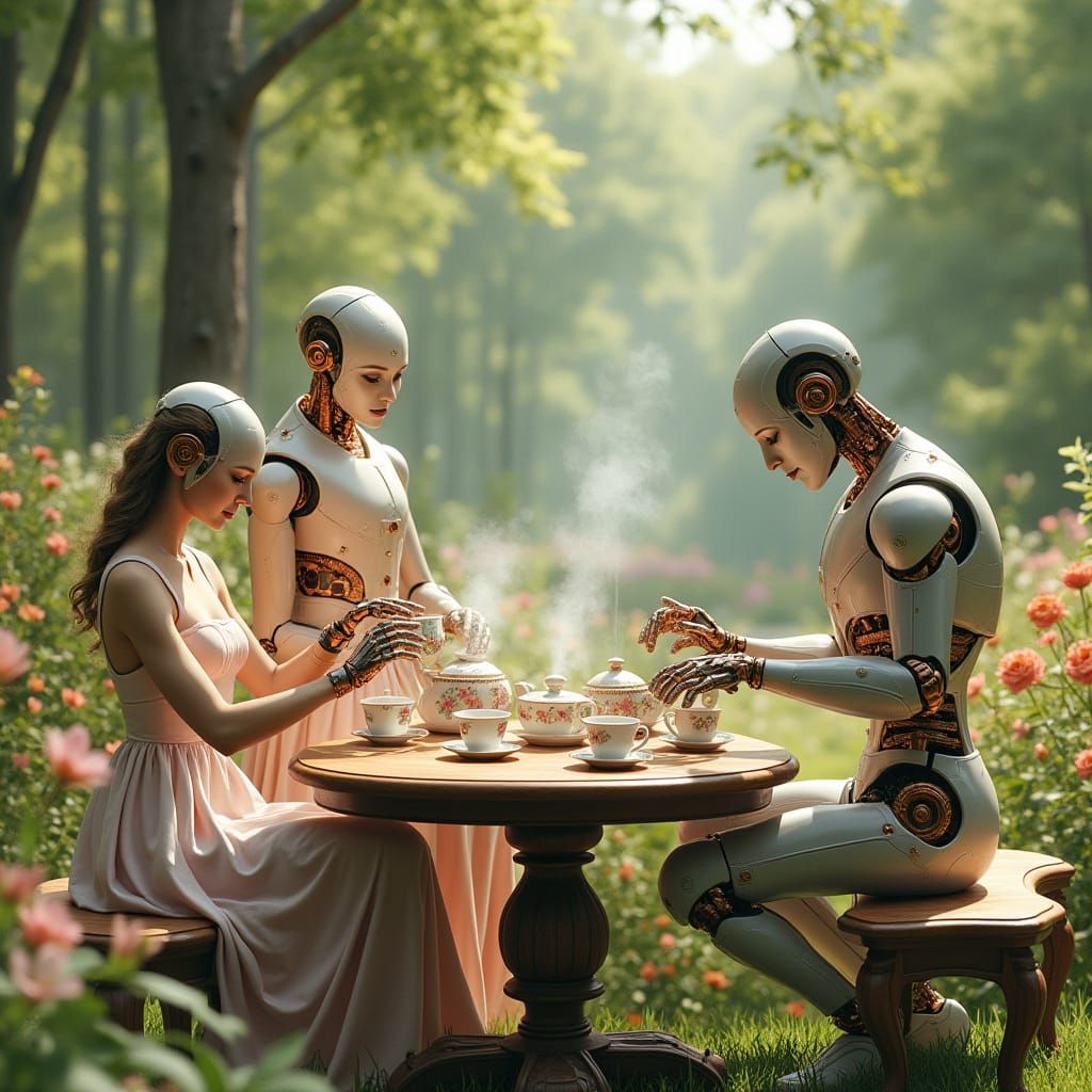Whimsical Robot Tea Party in a Serene Garden Setting