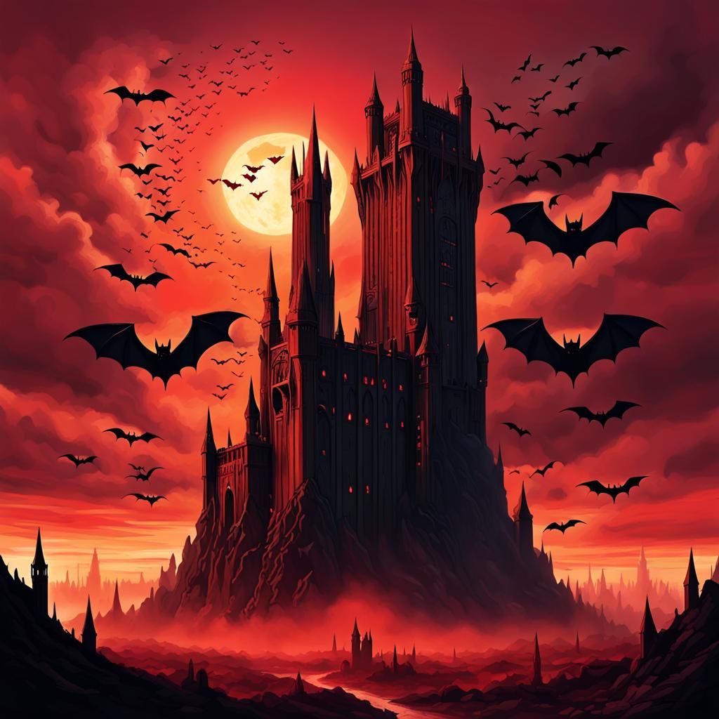 Magical Dark Tower at Sunset with Giant Bats