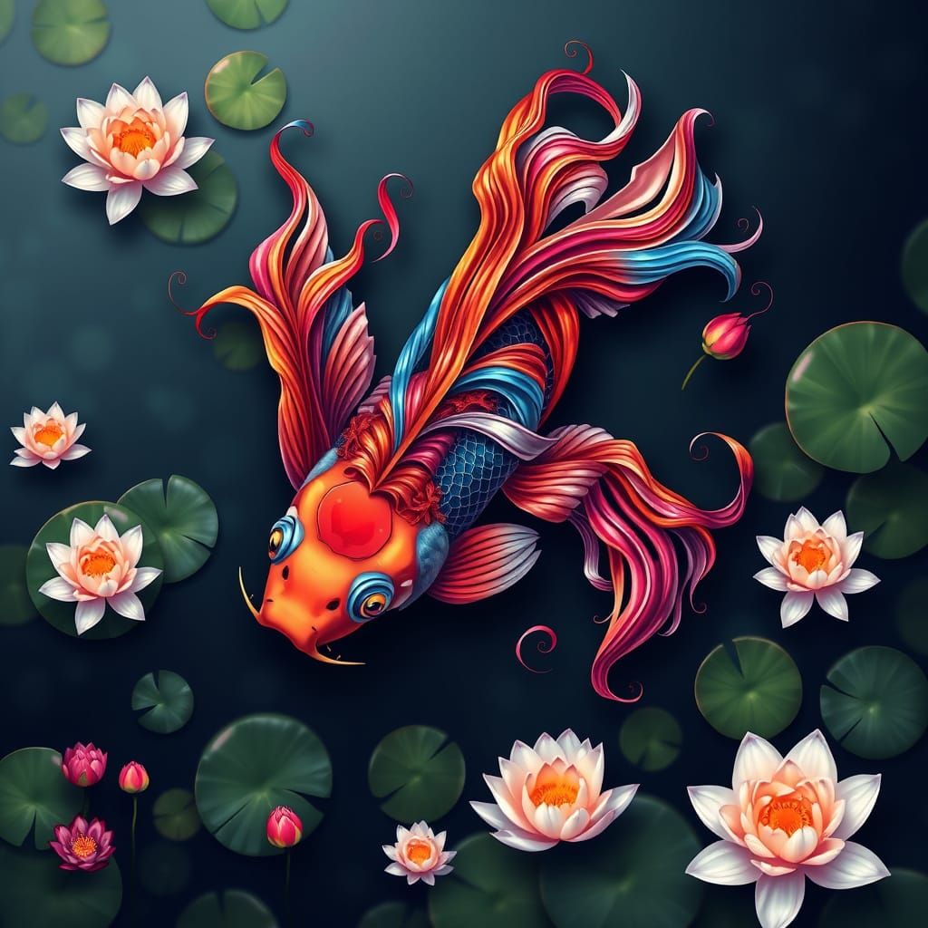 Koi Fish Formed From Swirling Ribbons in Fractal Art Style