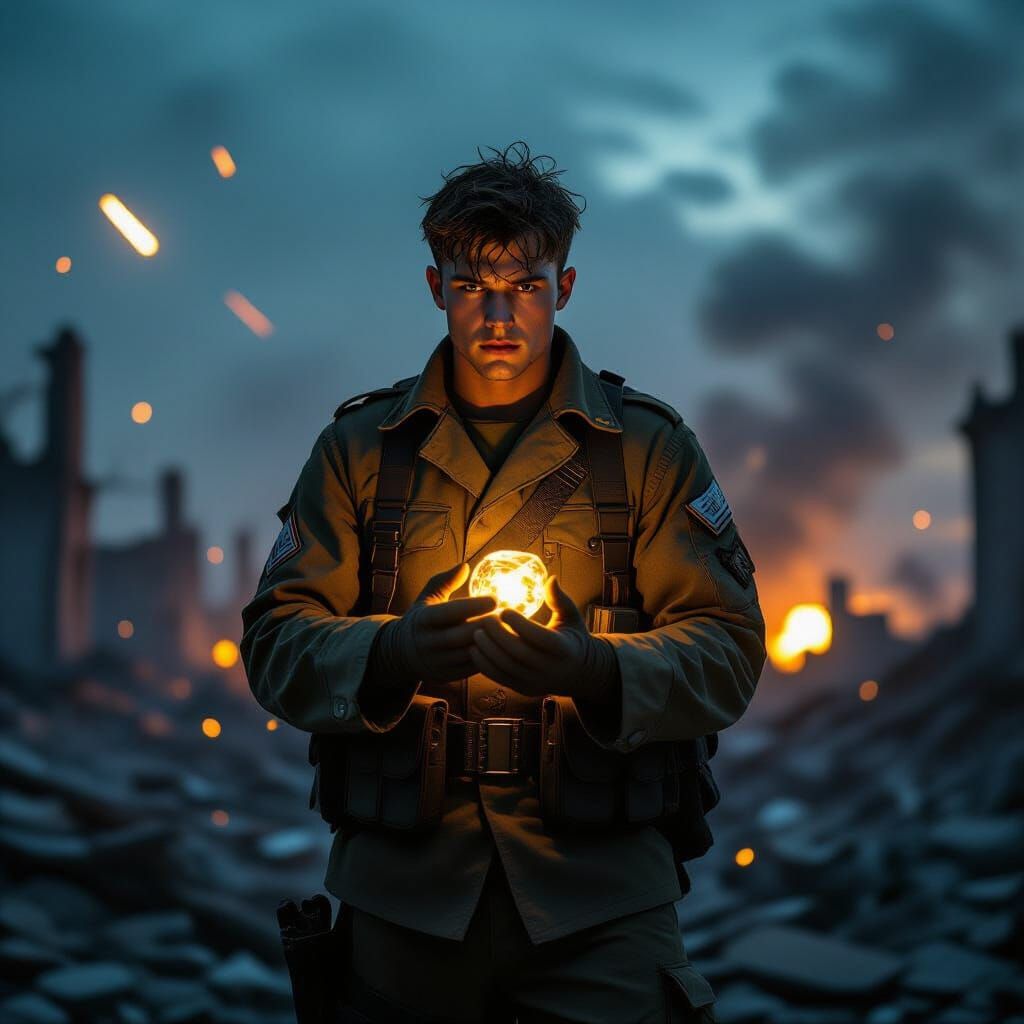 Soldier with Glowing Artifact in War-Torn City