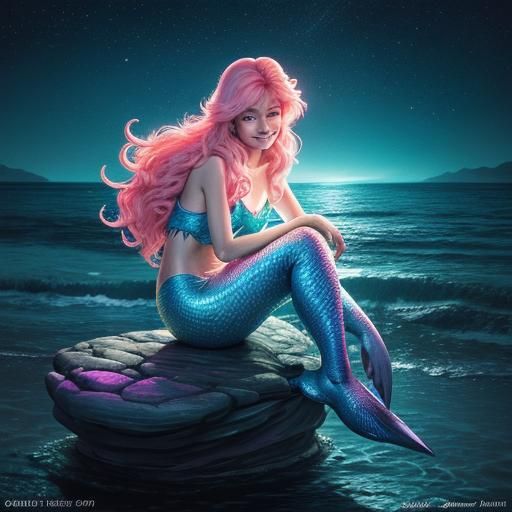 Pink Mermaid in Glowing Moonlit Seascape