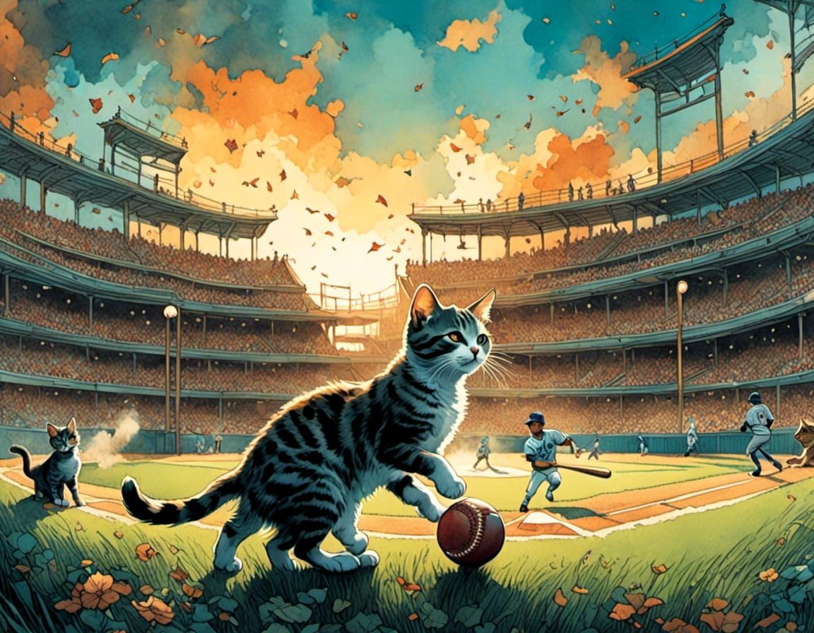 Cats Playing Baseball in Comic Book Style
