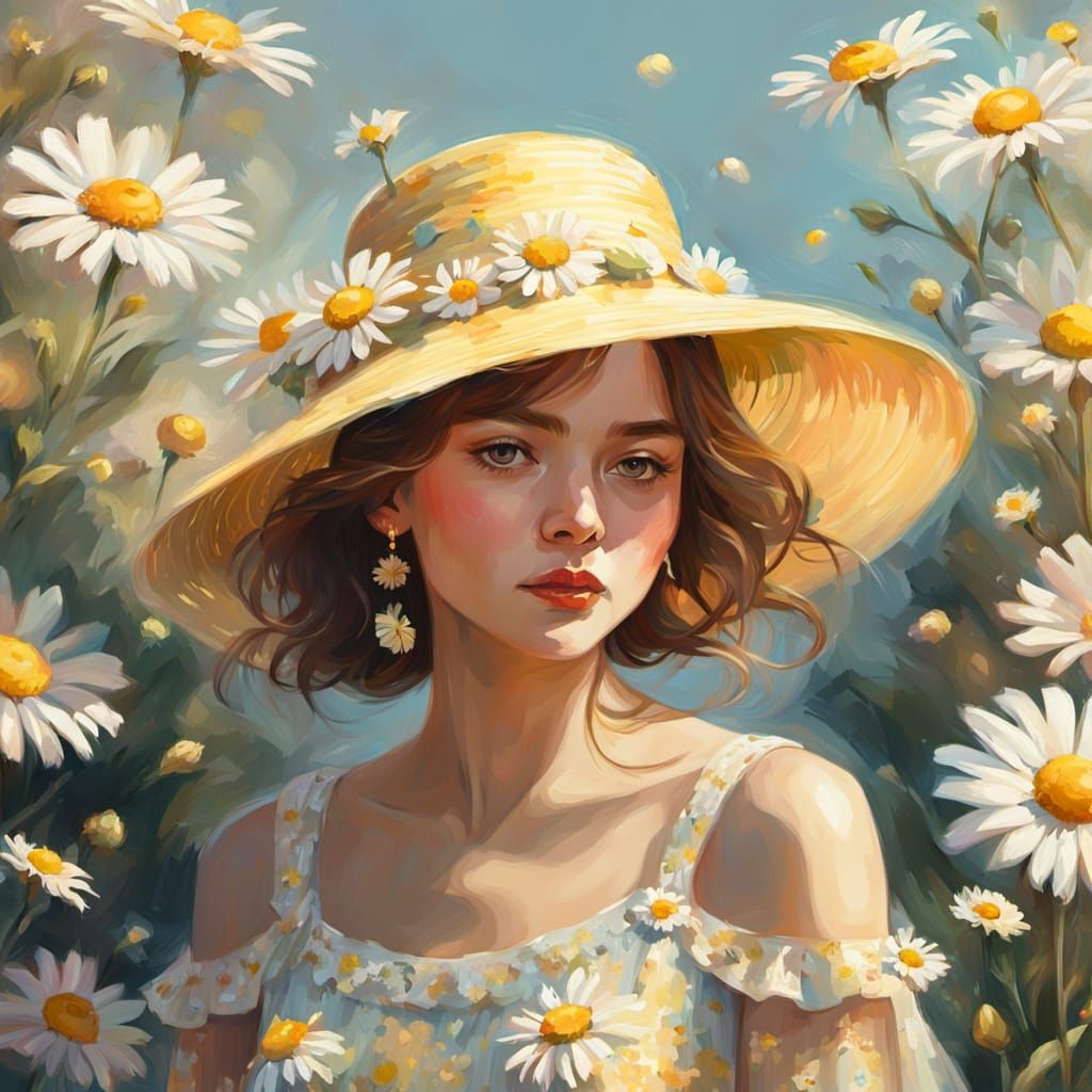 Woman in Daisy Dress: Vibrant Impressionist Digital Painting