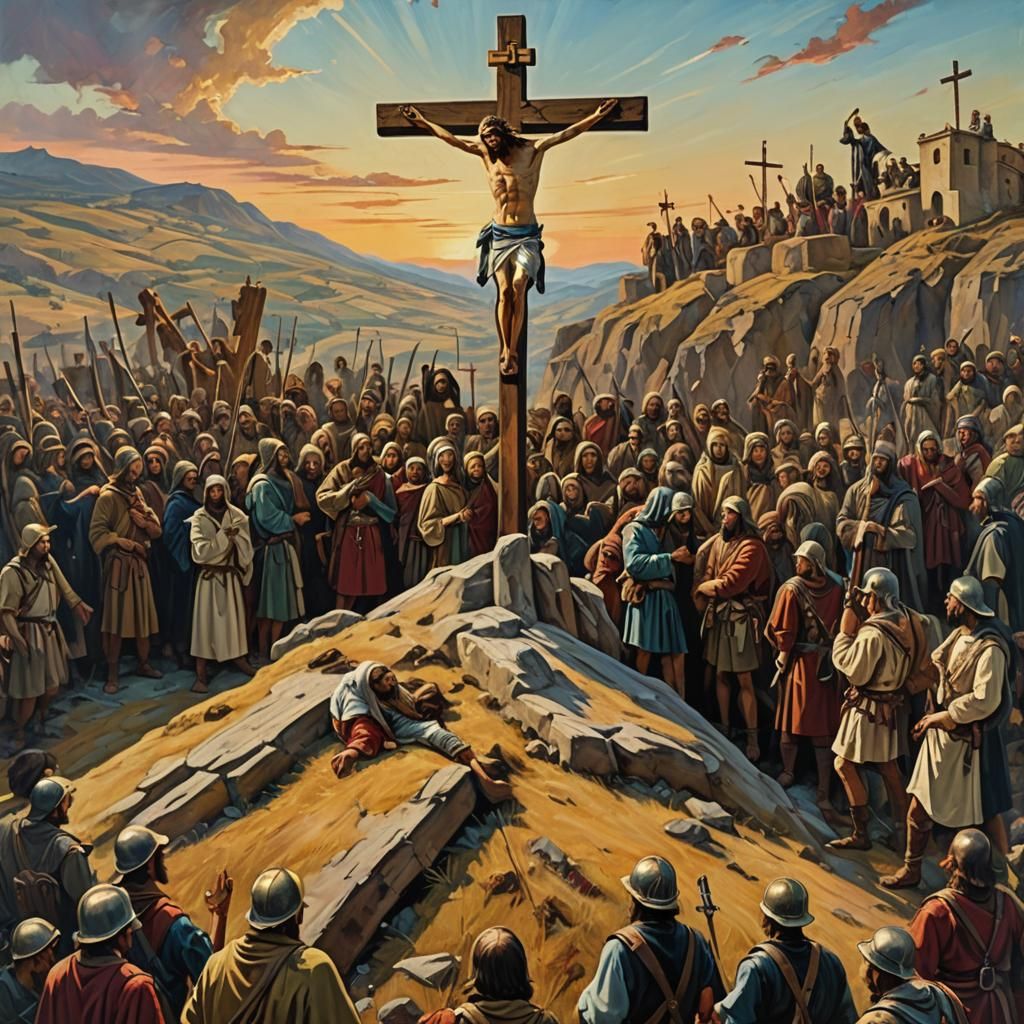 Crucifixion on Desolate Hill in Surrealist Style