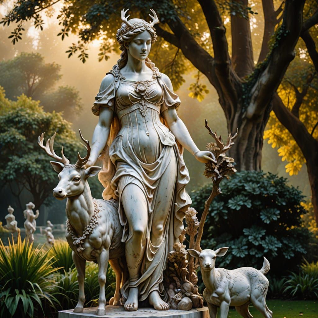 Artemis Marble Sculpture with Deer in Baroque Style