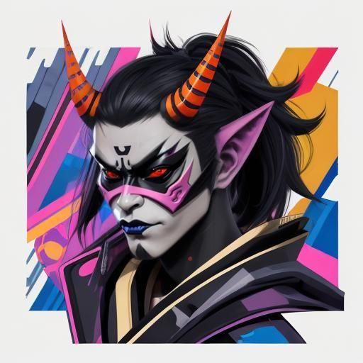 Cyberpunk Oni Mask Character in Geometric Fauvism Style