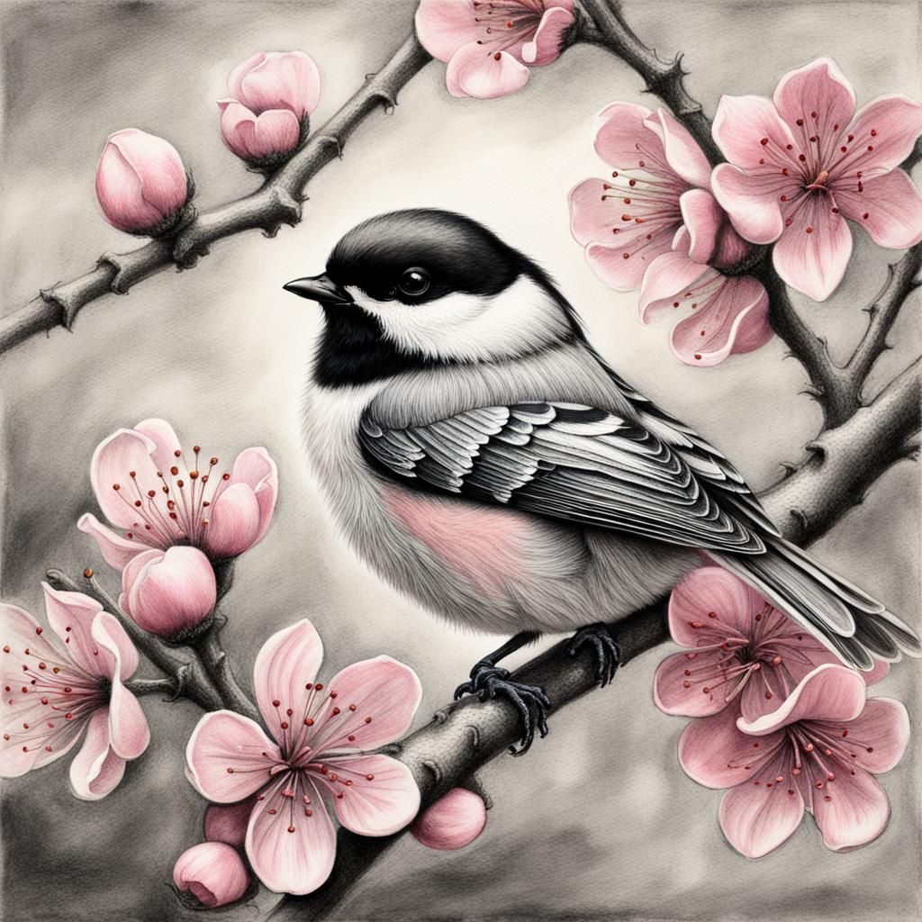 Chickadee on Cherry Blossom: Hyperdetailed Charcoal Drawing