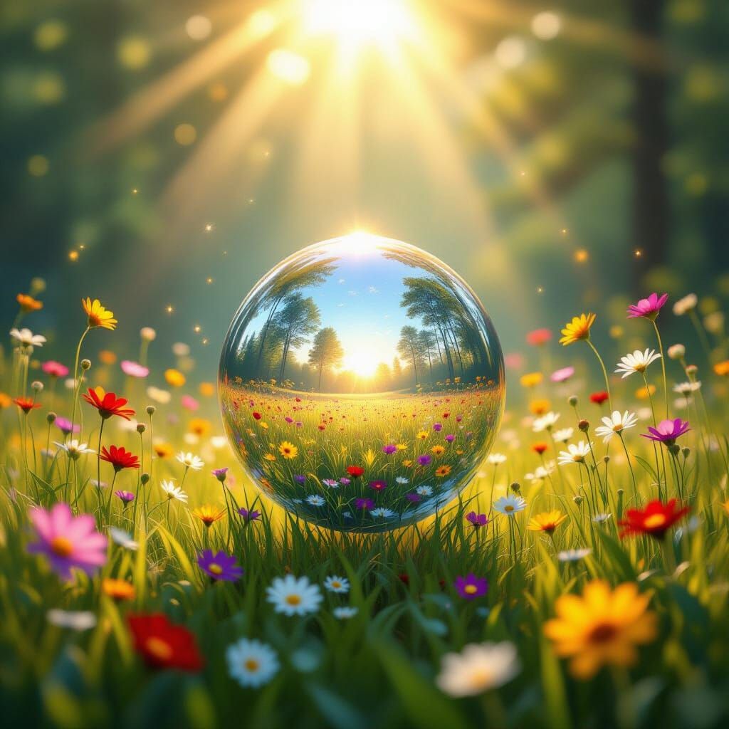 Glowing Orb in Sunlit Meadow, Ethereal Forest Backdrop
