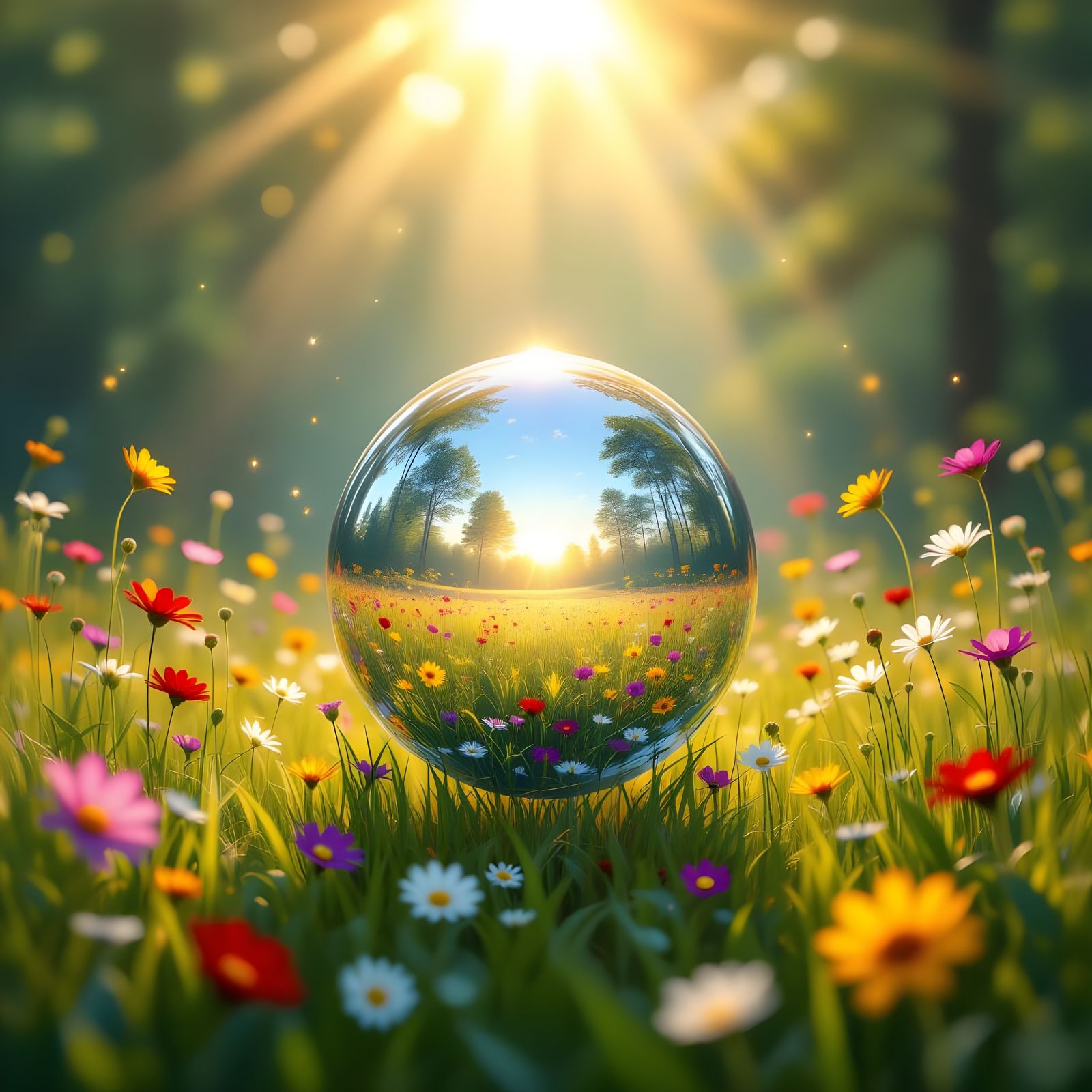 Glowing Orb in Sunlit Meadow, Ethereal Forest Backdrop
