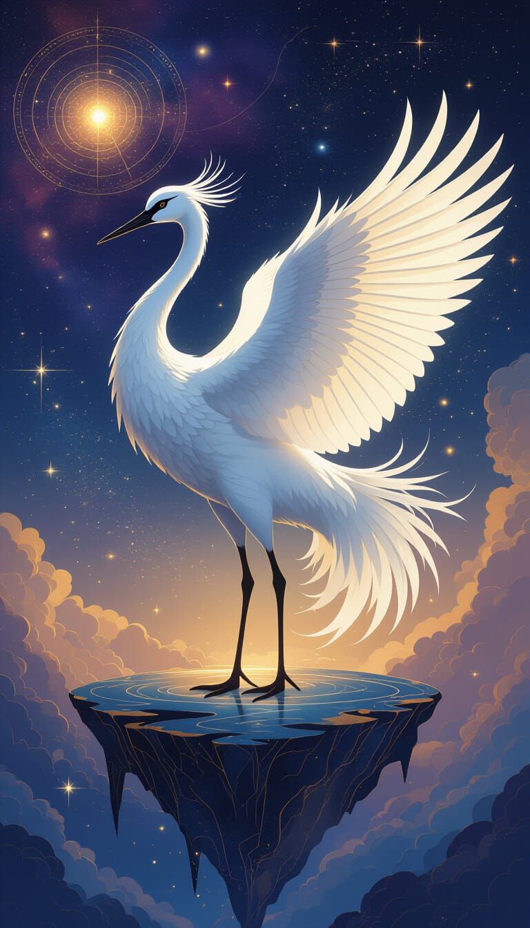 Cosmic Crane on Floating Island in Starry Ocean