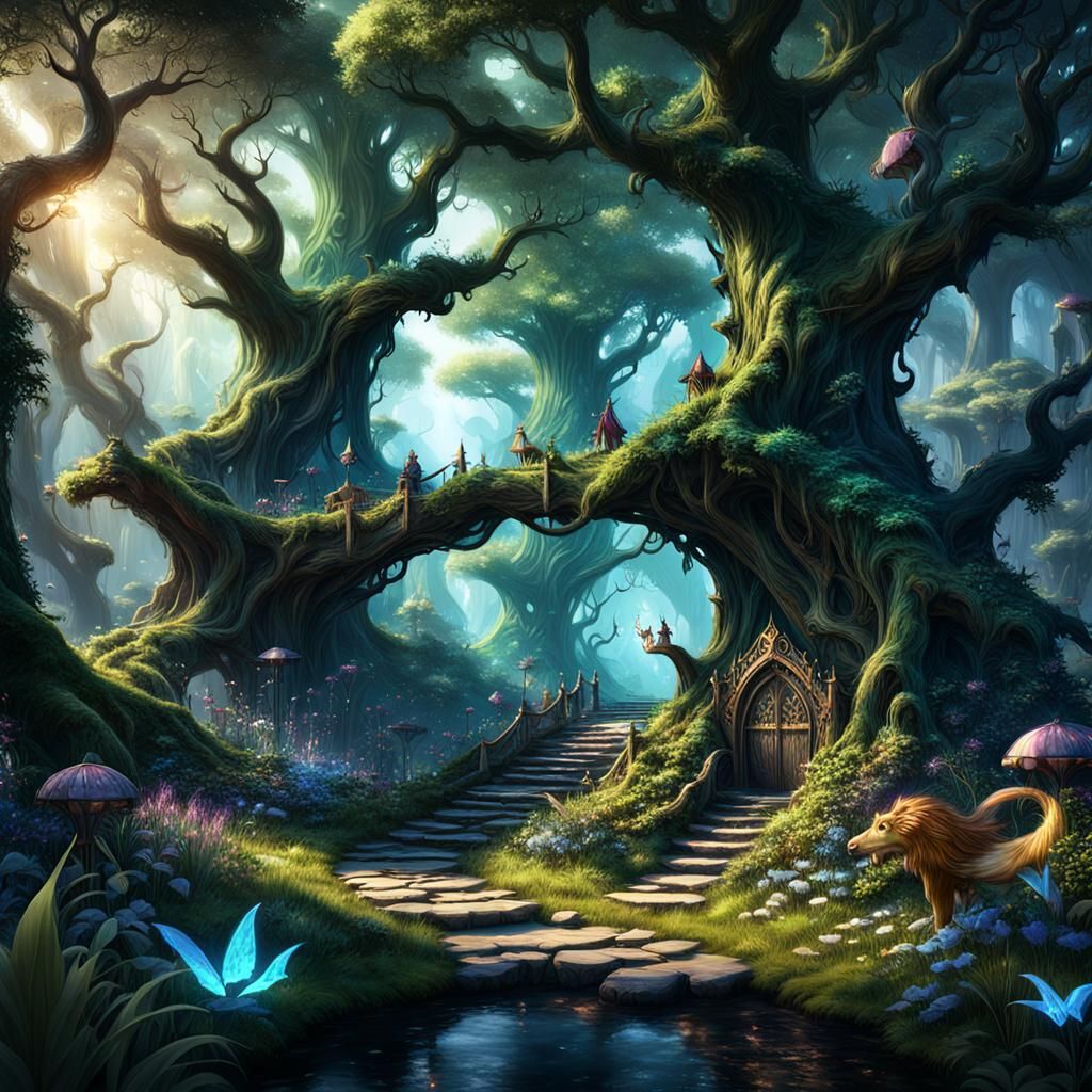 Enchanted Elf Forest: Magical Creatures in Detailed Painting