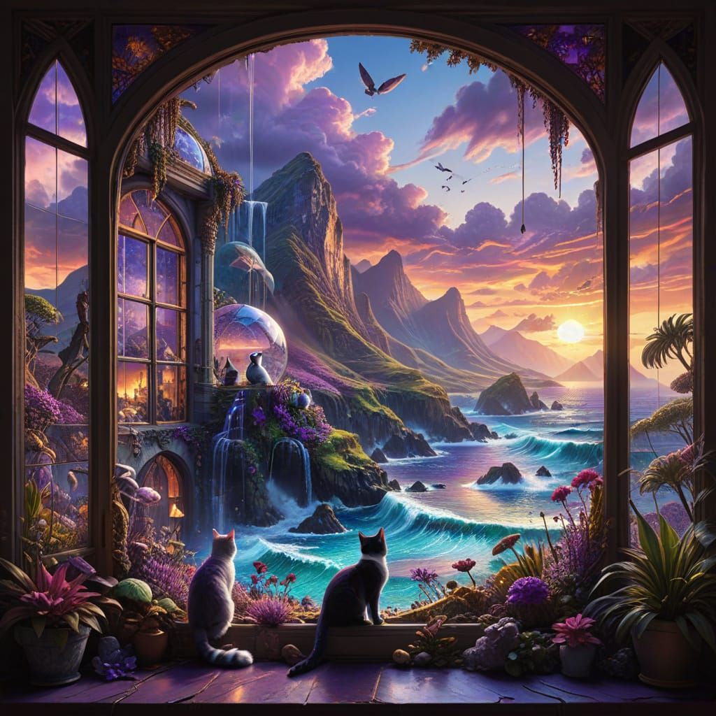 Vibrant Cat Paradise Scene in Maximalist Style