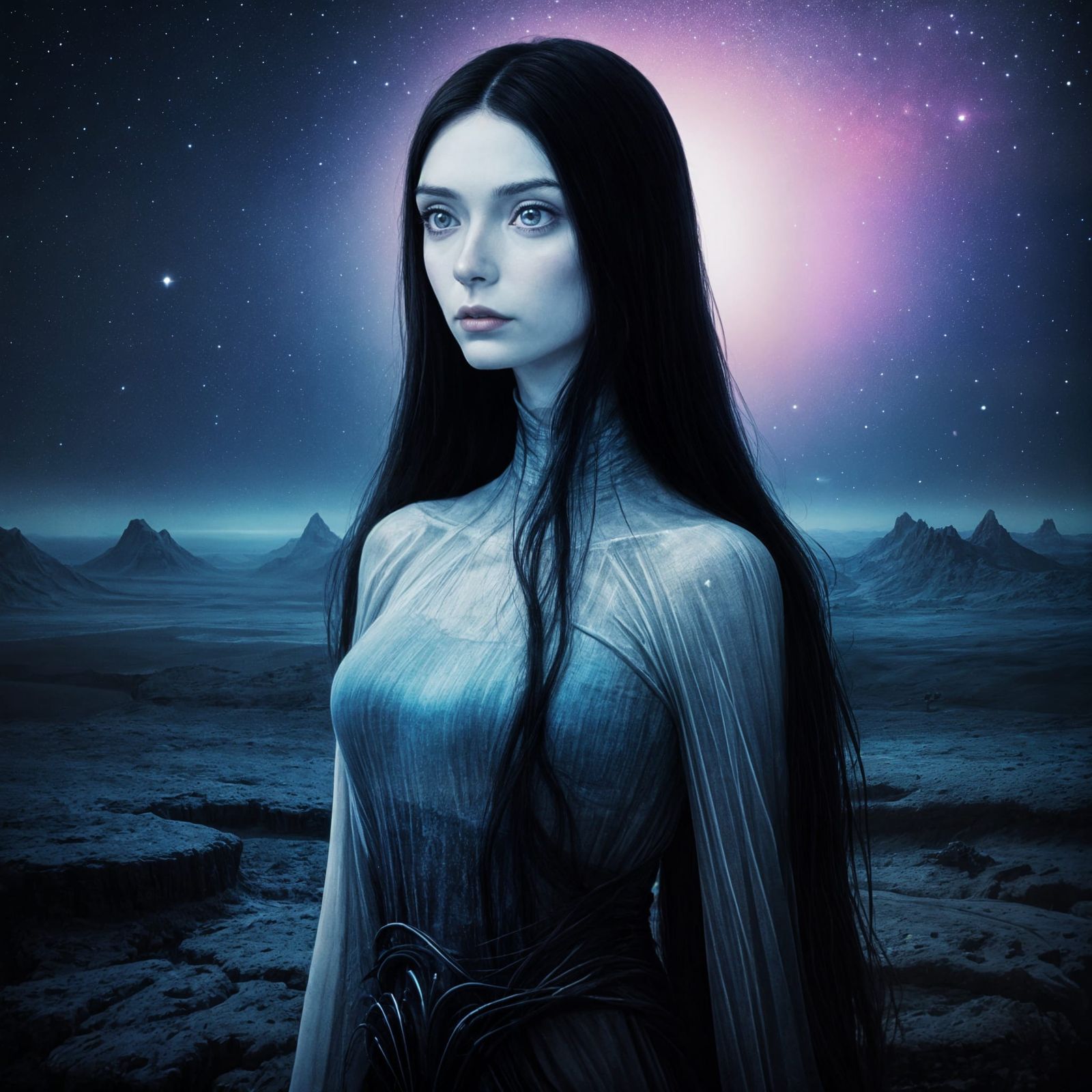 Alien Goddess in Dark Cosmic Landscape