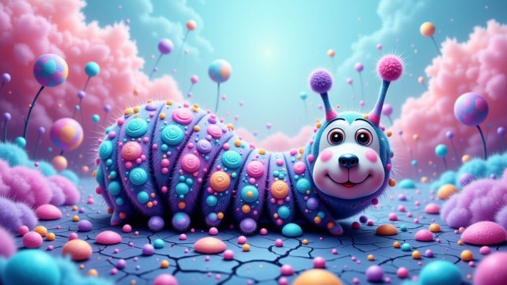 Cute Caterpillar with Glitter in Surreal Pastel Landscape