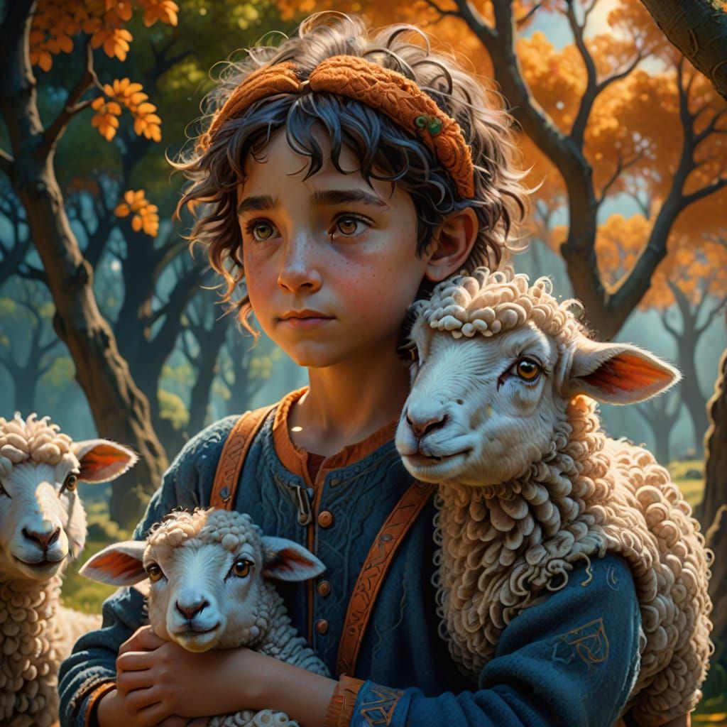 Nervous Sheep in Child's Arms: Fantasy Concept Art