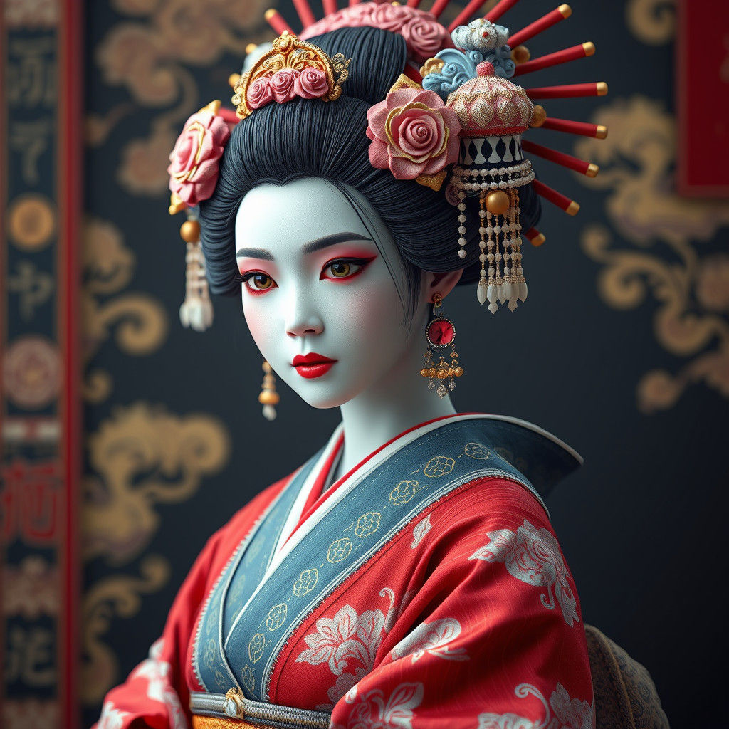 Luxurious Geisha in Intricate, Textured Traditional Attire