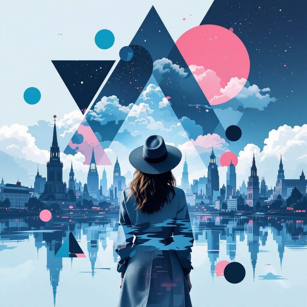 Abstract Cityscape Collage with Woman in Hat