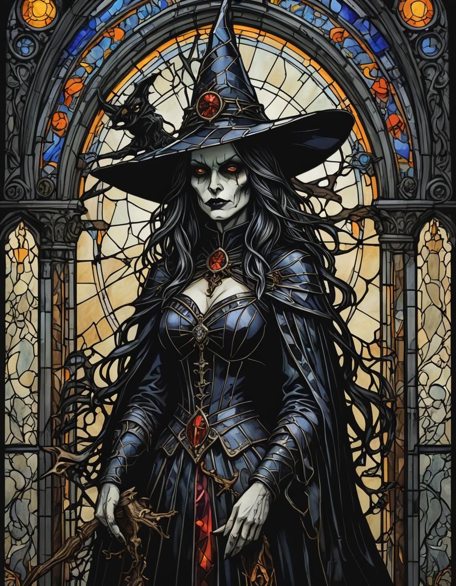 Sinister Gothic Witch in Stained Glass Style