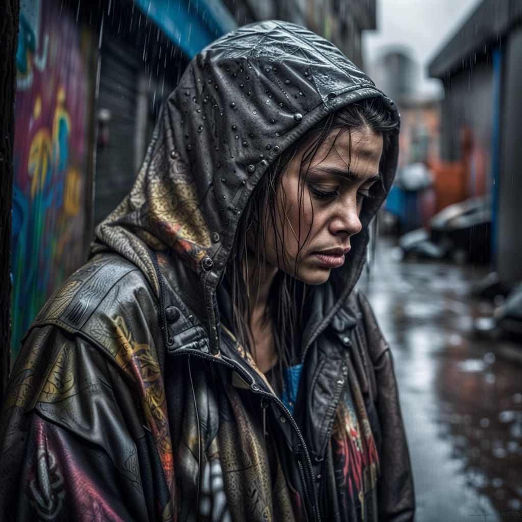 Mourning Woman with Body in Rainy Street