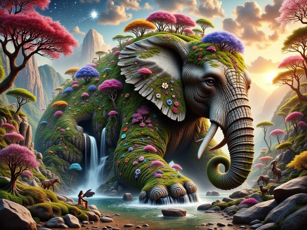 Colossal Elephant Rests in Serene African Landscape with Vib...