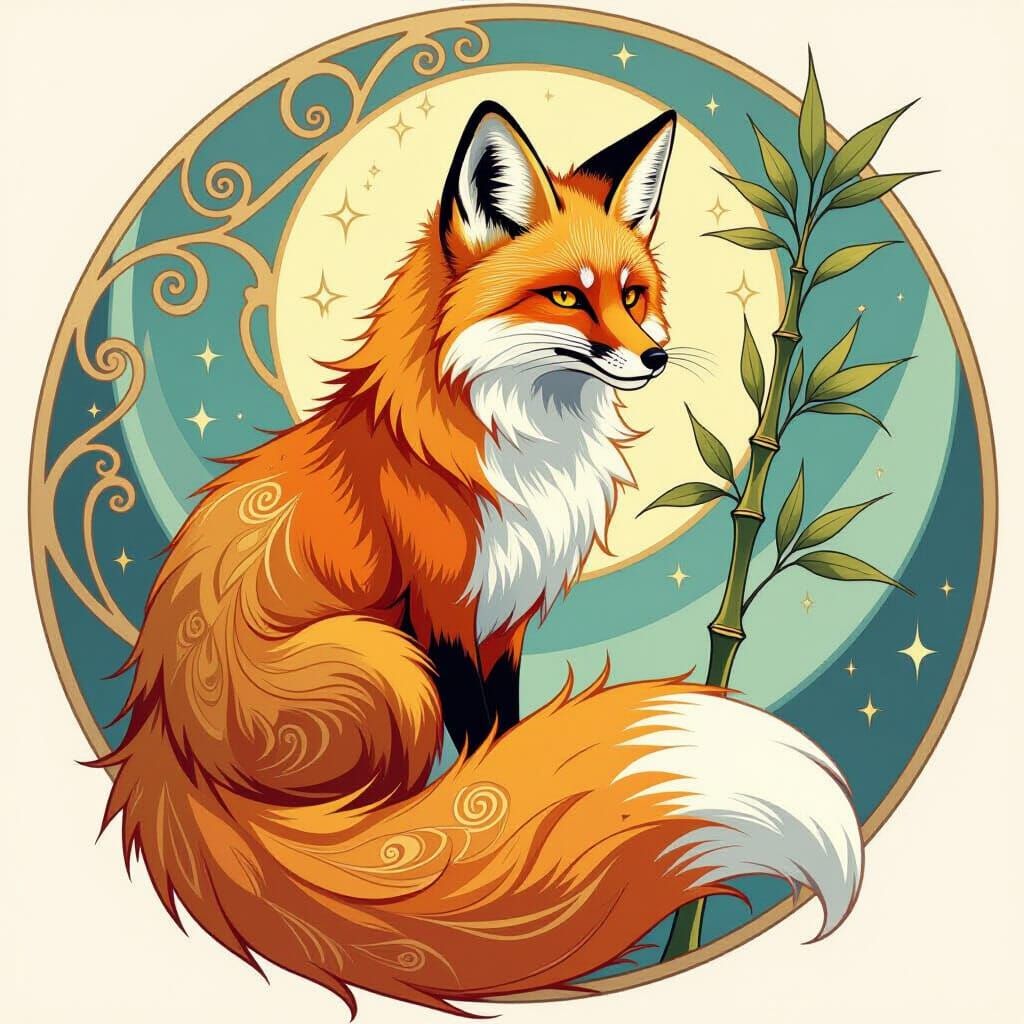 Art Nouveau Fox Spirit With Celestial Tail and Bamboo
