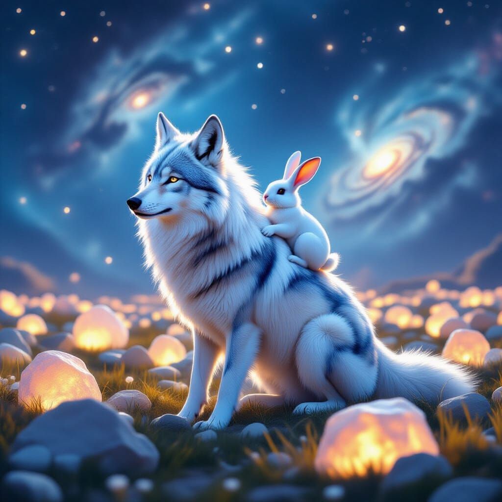Ethereal Moon Wolf with Rabbit Amidst Glowing Cosmic Rocks