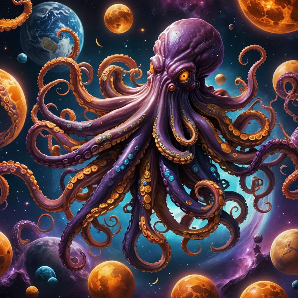 A giant octopus hugging the earth and moon in space