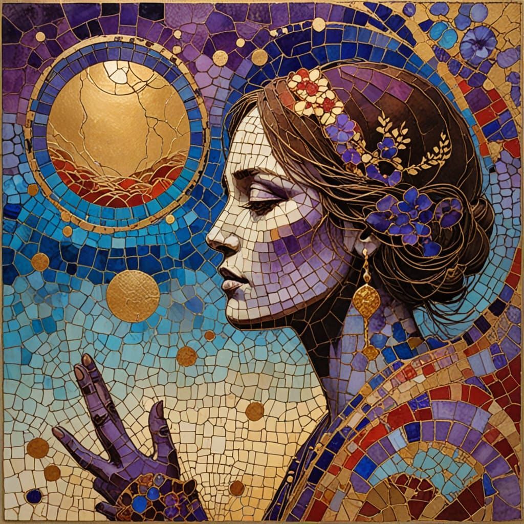 Impasto Ocean Sunset Portrait in Kintsugi Mosaic Style