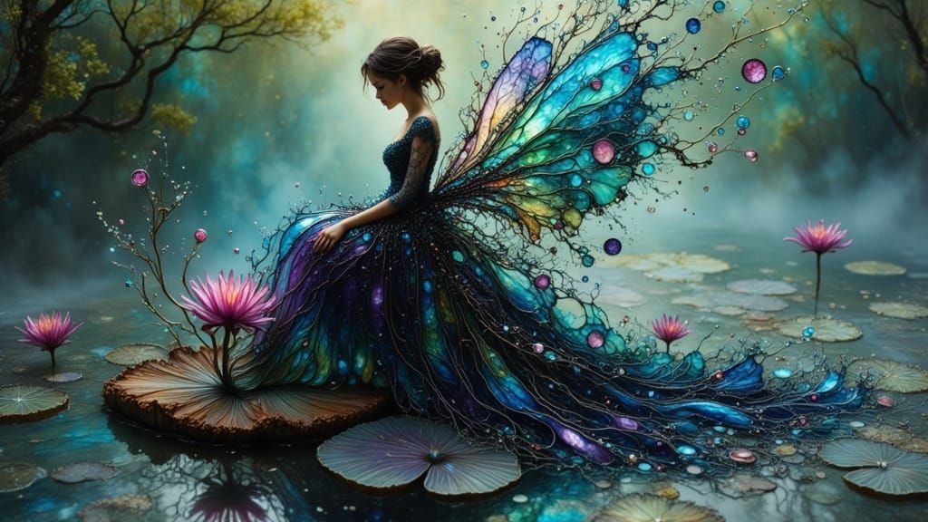 Dark Fairy on Waterlily in Ethereal Twilight