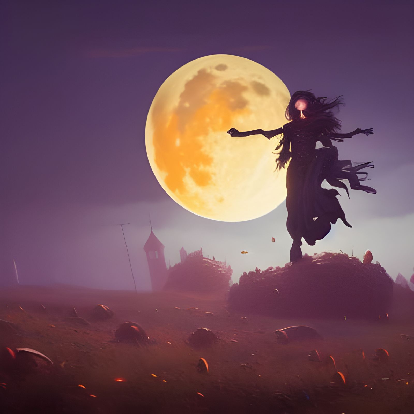 Robot Witch Soaring Under Harvest Moon