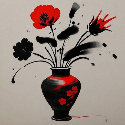 flowers / ink black and red / Qi Baishi style