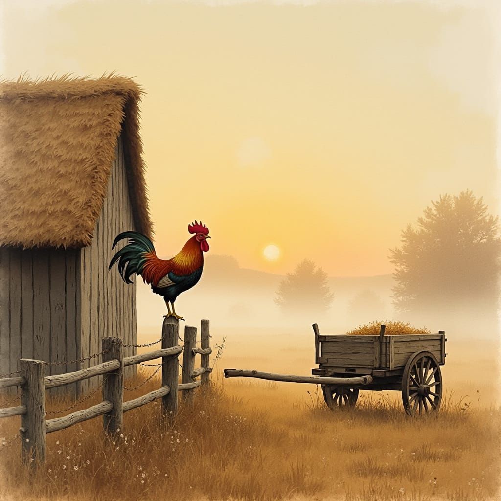 Rustic Farmstead Sunrise in Expressive Watercolor Style