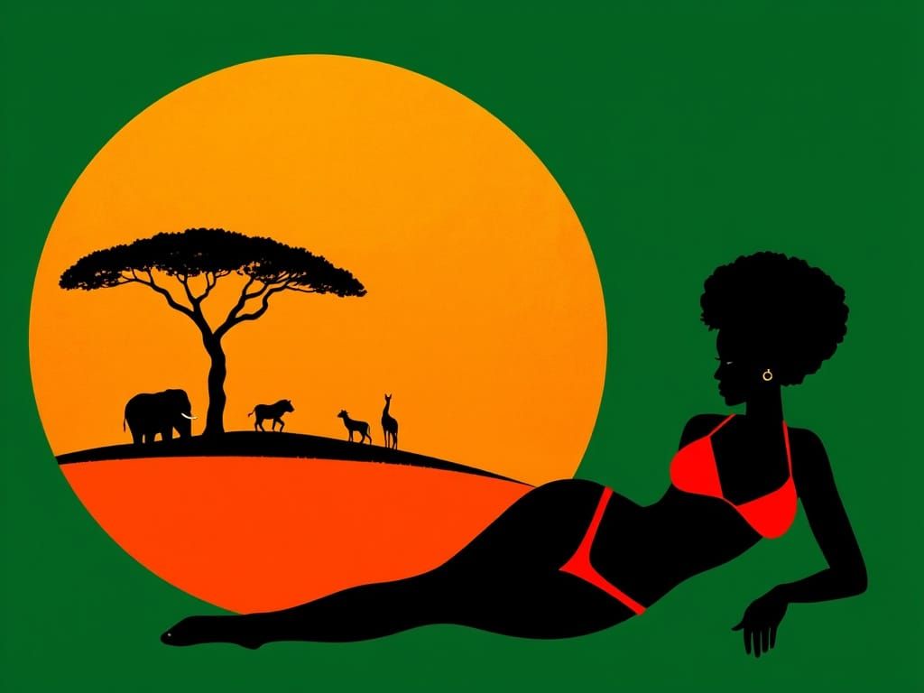 Woman Silhouette with Savanna Scene in Paper-Cutout Style