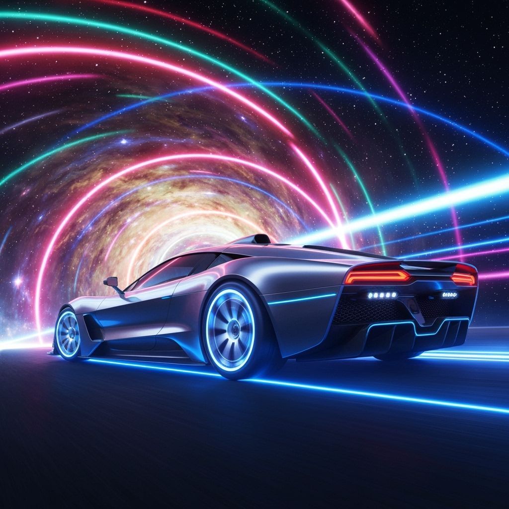 Sleek Car Speeds Through Wormhole with Neon Lights