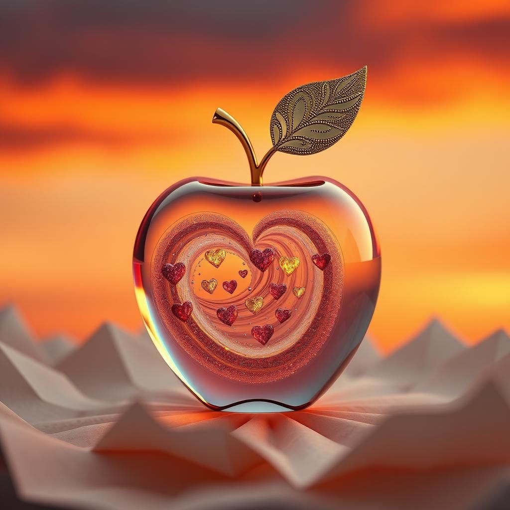 Crystal Apple with Rainbow Hearts in Dreamy Sunset