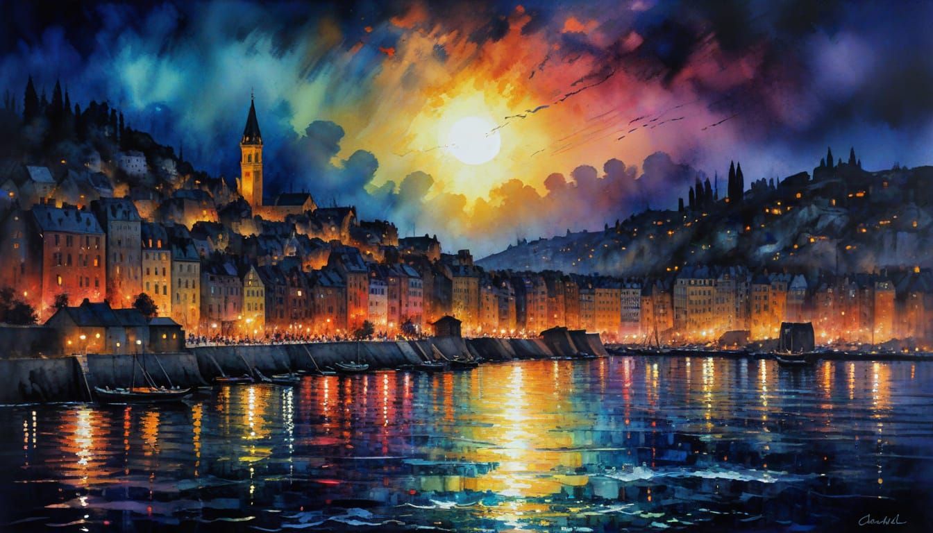 Coastal Cityscape in Vibrant Neo-Impressionist Style