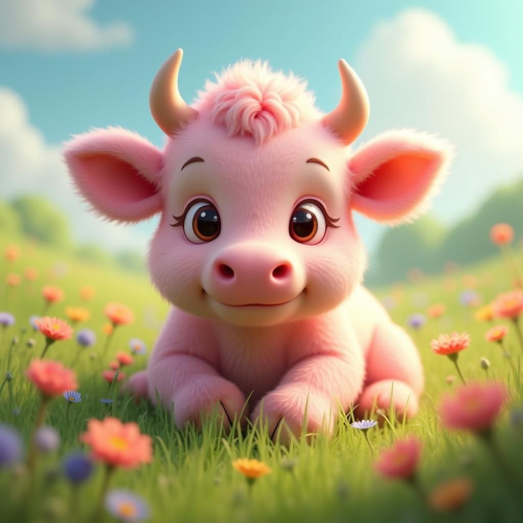 Pink Cow Grazing in a Sun-Drenched Meadow