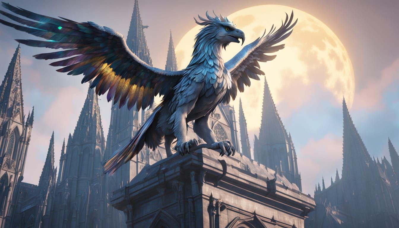 Stained Glass Griffin on Gothic Cathedral in Moonlight